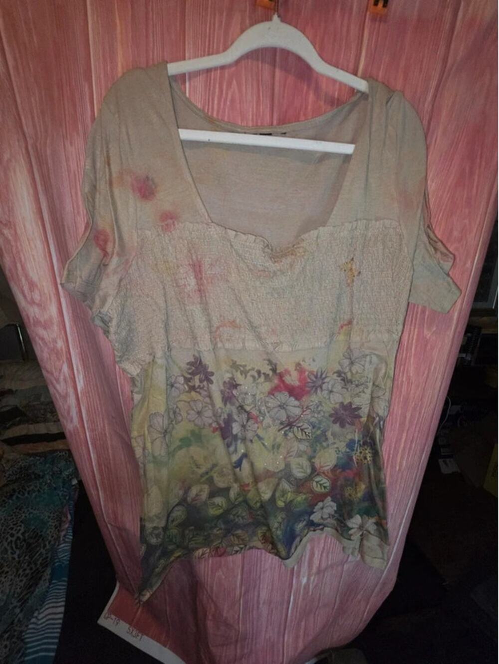 Boho 2X Smocked Bodice Floral Rhinestone Cold Shoulder Tunic Top Plus